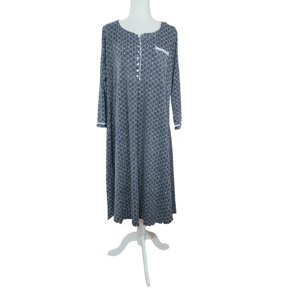 Eileen West Nightgown Floral Stripe Cotton Sleep Cottagecore Lettuce Hem Large